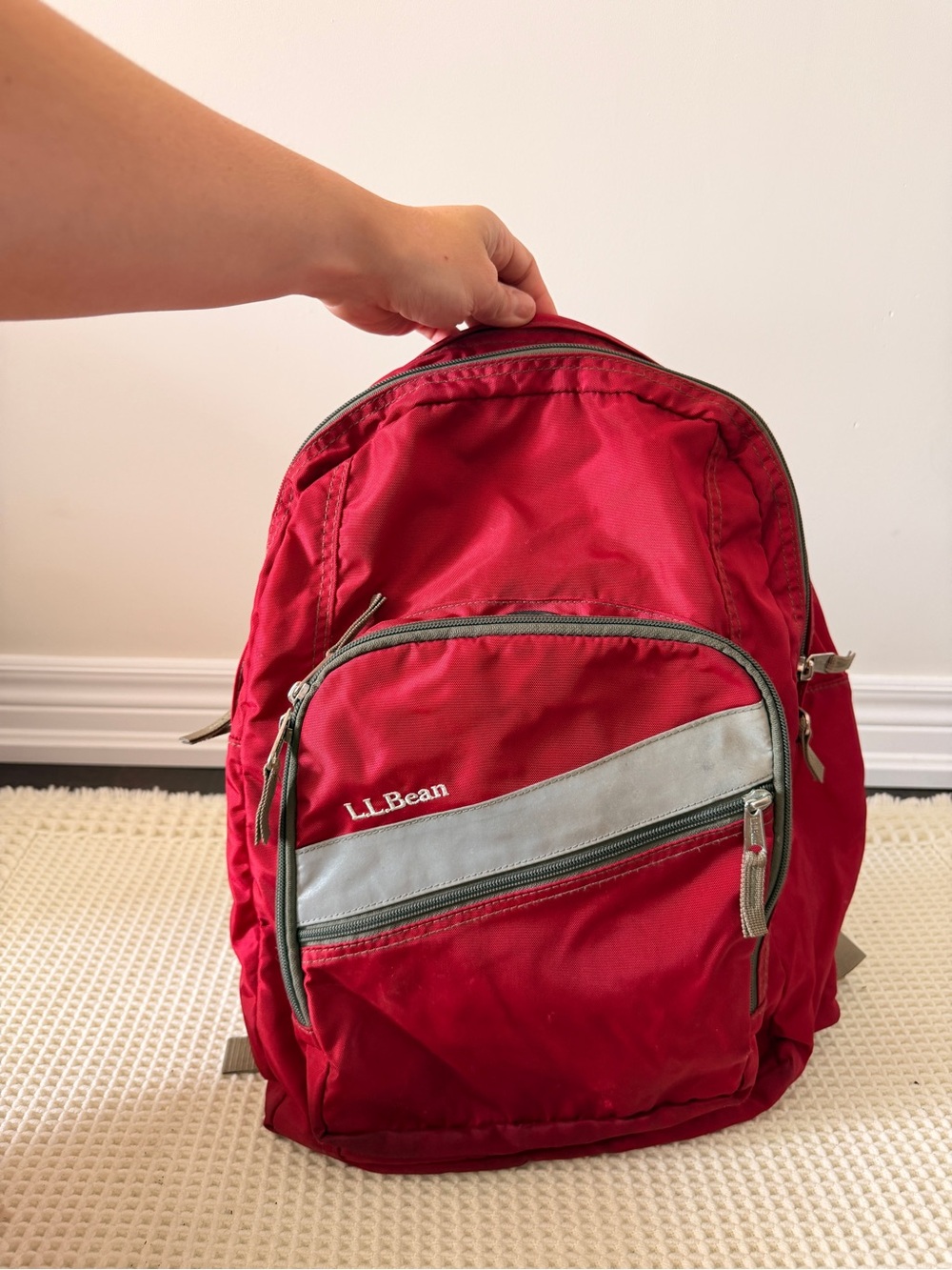 L.L. Bean Red Backpack with Reflective Silver Accent